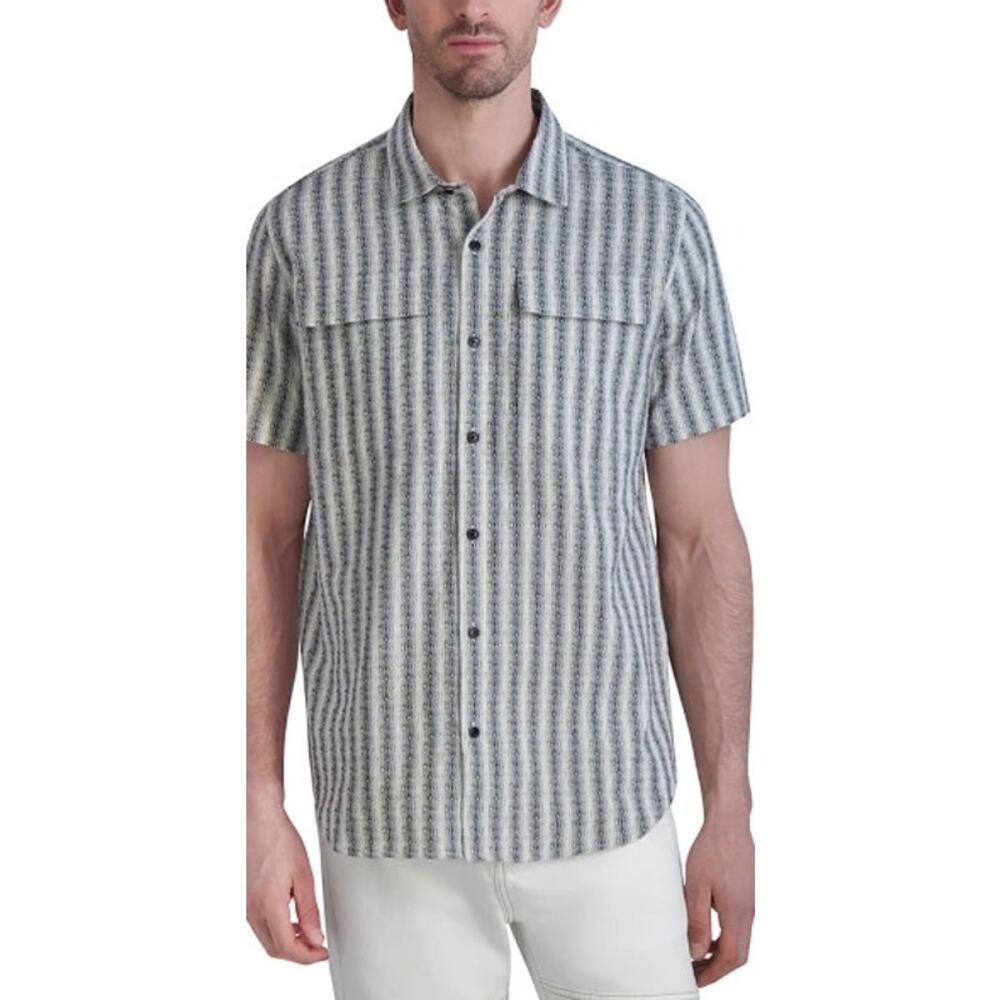 Karl Lagerfeld Paris  Label Cotton Textured Stripe Short Sleeve Shirt Gray M